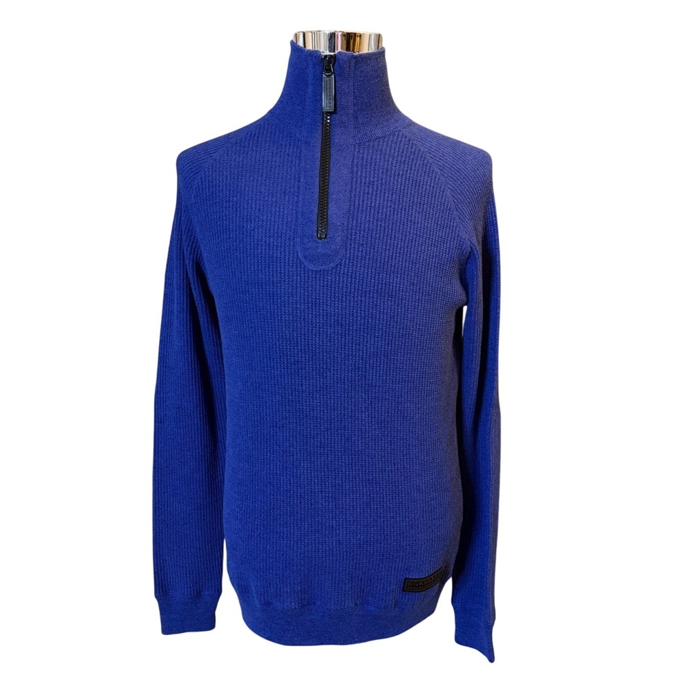 Burberry Quarter Zip Sweater Mens L Blue Wool Cotton Waffle Knit Pullover